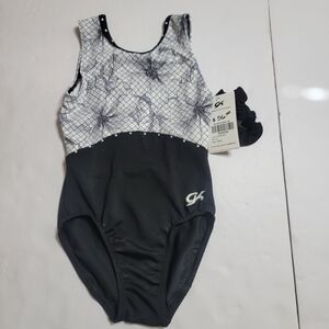 GK Elite Black & White Spiderweb Gymnastics Leotard CL NWT + Scrunchie